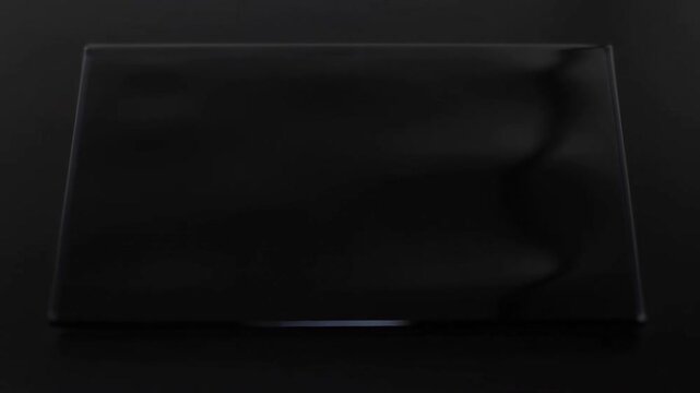 Static shot of glossy black glass panel with iridescent oil slick reflections shifting and dissolving across dark tabletop in minimalist studio setting