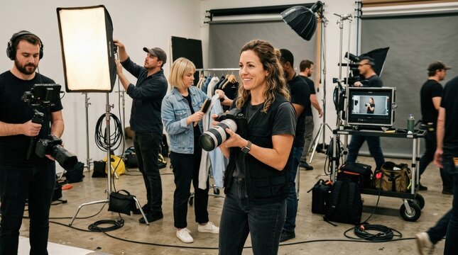 A female photographer in a studio surrounded by camera crew and stylist, holding a professional camera lens, production equipment and softbox light around her, energetic commercial shoot atmosphere,