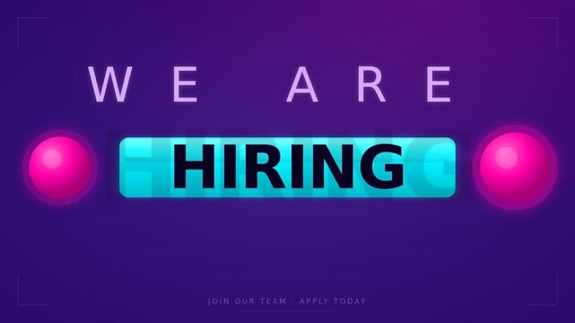 Vibrant purple hiring banner with bold cyan button reading HIRING flanked by glowing pink orbs RGB!