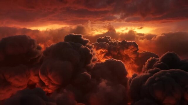 Aerial tracking slow motion shot of storm clouds with lightning strike and glowing fiery sky above cumulonimbus horizon at dusk