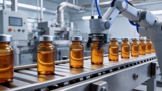 Robotic arm filling vials on conveyor