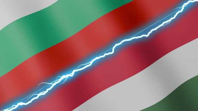 Two waving flags Bulgaria and Hungary with diagonal lightning seamless, 4k loop