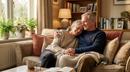 Obraz premium A mature couple relaxing together on a living room sofa, warm afternoon light, one resting a head on the other's shoulder, cozy home furnishings, tender and trusting weekend bonding atmosphere,