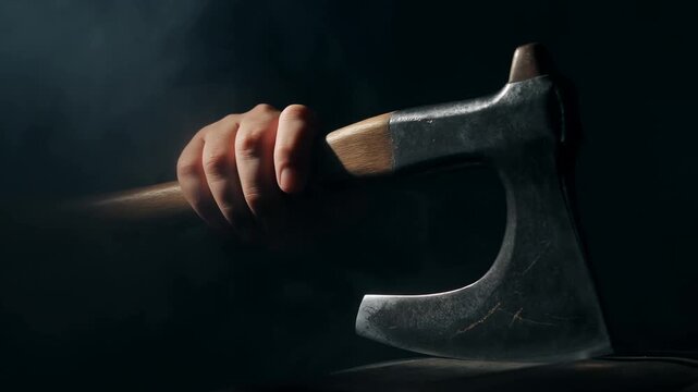 Slow motion close up of hand gripping axe on wooden handle with metal blade resting on dark studio surface with subtle smoke and low dramatic lighting