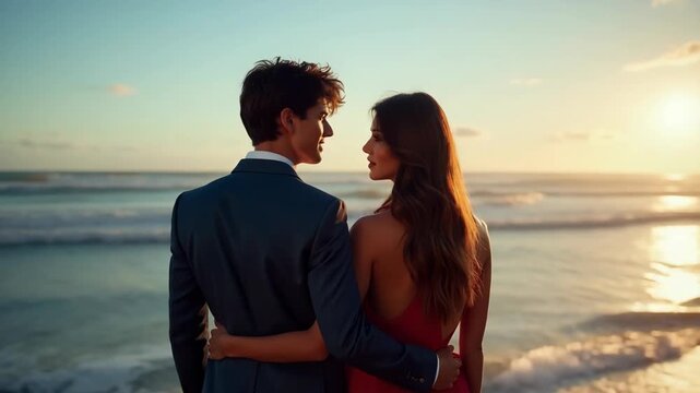 Young couple in elegant attire embracing and gazing at each other on a scenic beach at sunset. Romantic atmosphere, love, togetherness, and serene seaside landscape in warm golden light.