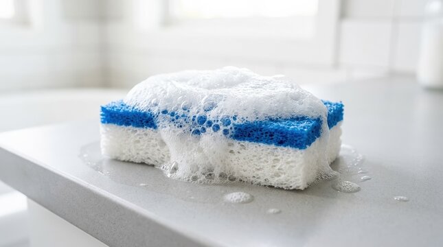 White and blue cleaning sponge with soap suds, household hygiene concept, fresh foam texture, clean minimal background, bright studio light, realistic detail, no logos