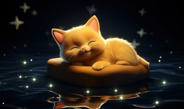A serene orange kitten peacefully sleeping on a floating pillow in water