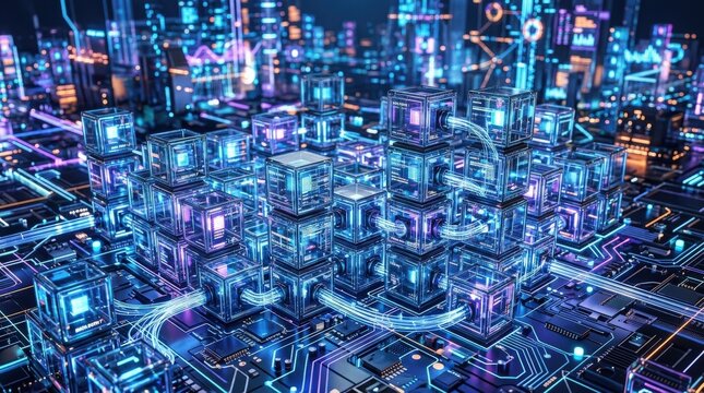 Modular glass data cubes on circuit surface, futuristic computing and information architecture concept, luminous tech background, sharp detail, no logos