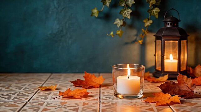 Candle and autumn leaves on tiled surface