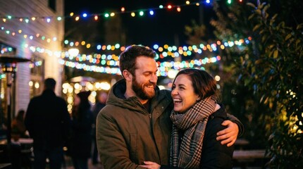 Fototapeta premium Happy couple smiling together under colorful lights, romance joy and connection concept, candid affectionate moment, nightlife celebration atmosphere, soft bokeh background, realistic lifestyle