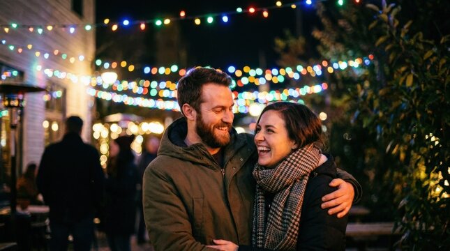 Happy couple smiling together under colorful lights, romance joy and connection concept, candid affectionate moment, nightlife celebration atmosphere, soft bokeh background, realistic lifestyle