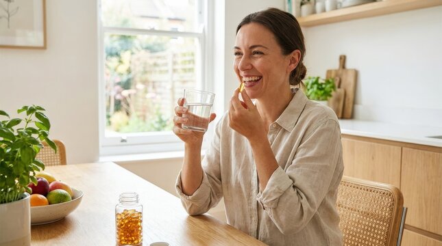 Happy woman taking an omega-3 capsule with water, wellness and daily supplement routine, healthy lifestyle concept, bright clean setting, realistic detail, no logos