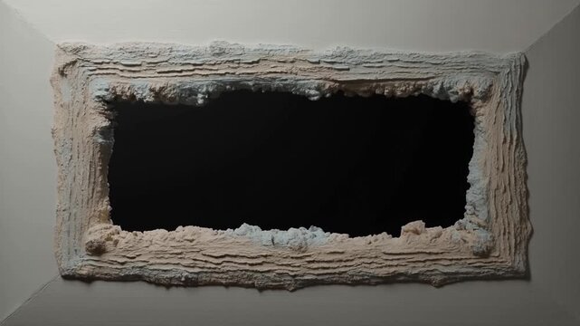Slow tracking shot of rectangular hole in plaster wall revealing dark void with textured rough edges in interior studio room ceiling