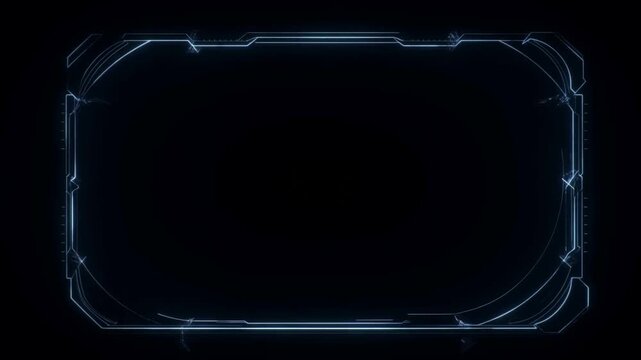 Tracking shot of animated glowing futuristic hud frame pulsing and tracing light lines around dark digital screen background in slow motion cyber interface loop
