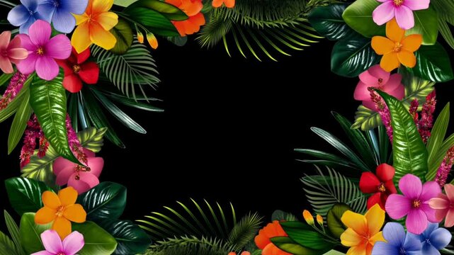 Pan shot of colorful tropical flowers and glossy leaves sliding across black framed border on seamless studio background