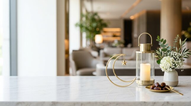 A minimal Idul Fitri business background with a crescent moon and open copy space, sleek modern styling and subtle festive accents on a clean surface, elegant professional atmosphere with soft light,