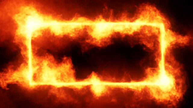 Static slow motion shot of burning rectangular fire frame with flickering flames on dark black backdrop in studio