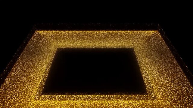 Tracking shot macro of gold particles forming shimmering rectangular frame and settling into black studio background close up with glowing reflective texture