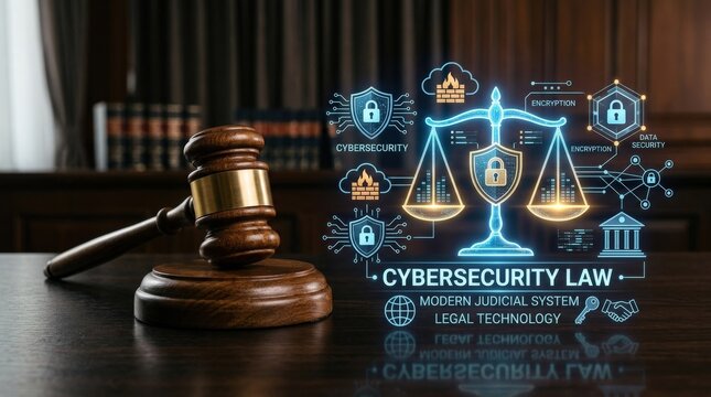 Wooden gavel with digital justice scales and security icons on a dark surface, legal technology cybersecurity law and modern judicial system concept, realistic detail, no logos
