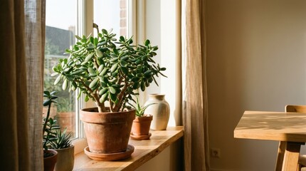 Fototapeta premium Jade plant by a sunny window, indoor greenery and home decor concept with warm natural light, clean minimal composition, realistic detail, no logos