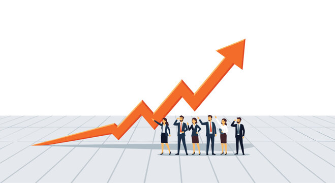 A diverse group of professional business people in formal suits stand together beneath a large rising orange growth arrow on a gray perspective grid.