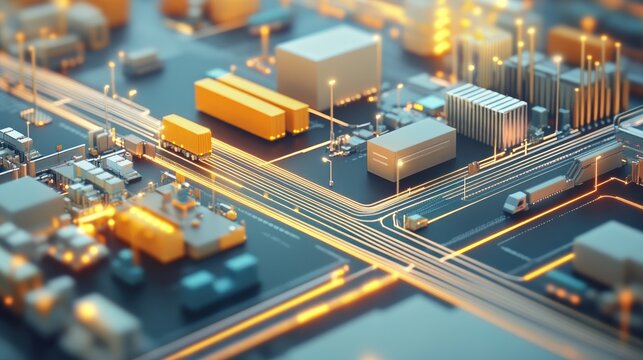 Abstract industrial complex, stylized as a circuit board with trucks and containers.  Connected by glowing lines, resembling a futuristic, automated factory.