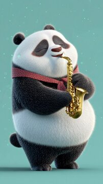 Cute animated panda playing a golden saxophone on teal background.
