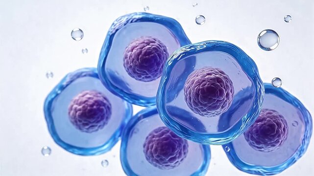 Blue cells with purple nuclei under microscope