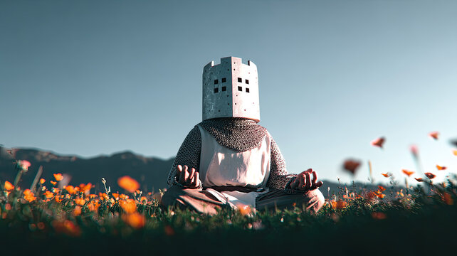A medieval knight in full plate armor sits in a golden field meditating next to his sword