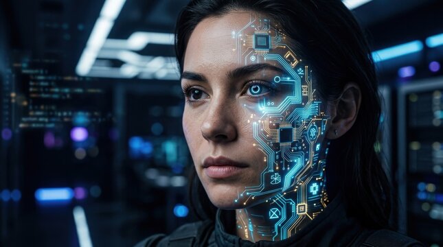 Close up human face with digital circuits symbolizing artificial intelligence, future technology portrait, luminous interface detail, dark modern background, realistic detail, no logos