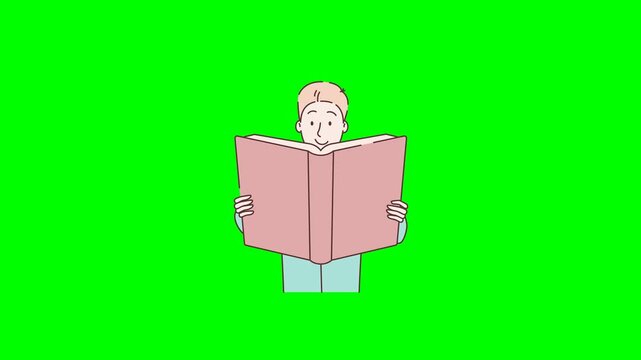 Motion design video isolated on green background. Student reading a textbook in hands. Red book. Young man reading a book. Hand drawn in thin line style. 2d flat animation. Alpha channel. Looped video