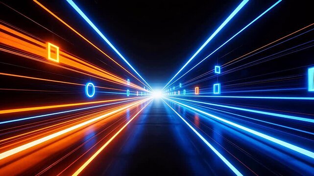 Neon light tunnel with geometric shapes