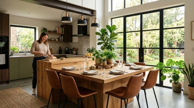 Wooden kitchen island doubling as dining table with leather chairs, potted plants, and tall windows, modern interior design and lifestyle concept, natural light, realistic detail, no logos