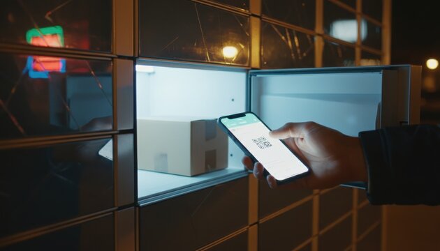 Hands scanning QR code on smartphone to access parcel locker in bright outdoor setting