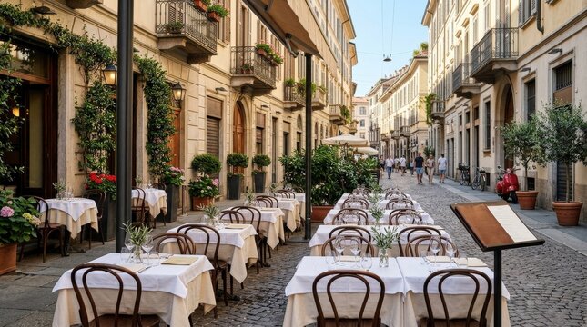 Outdoor restaurant seating in Milan on a sunny day, empty tables and chairs, elegant street setting, warm reflections, relaxed European atmosphere, ultra-realistic, no logos.