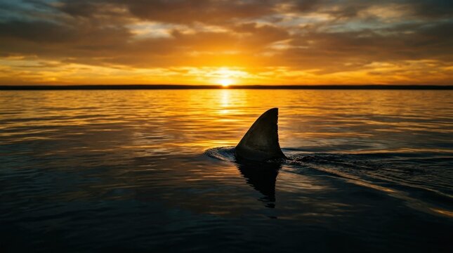 Shark fin breaking calm ocean surface at sunset, tension and marine danger concept with dramatic golden horizon and minimal composition, realistic detail, no logos