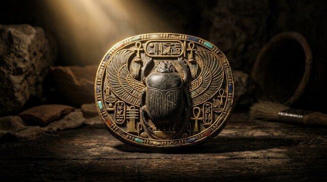 An ancient Egyptian scarab amulet on a dark background, ornate carved details and metallic highlights, dramatic focused light, mysterious archaeological atmosphere, ultra-realistic, no logos.