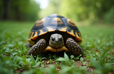 Obraz premium Radiated tortoise walks on green grass. This large reptile has a patterned shell and wrinkled skin. It moves slowly in its natural habitat, a peaceful outdoor environment.