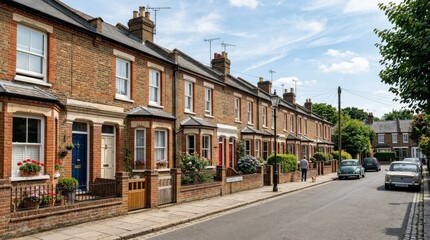 Obraz premium Victorian terraced houses in Hemel Hempstead under a blue sky, classic brick facades, sash windows and quiet residential charm, bright natural light and a nostalgic English atmosphere,