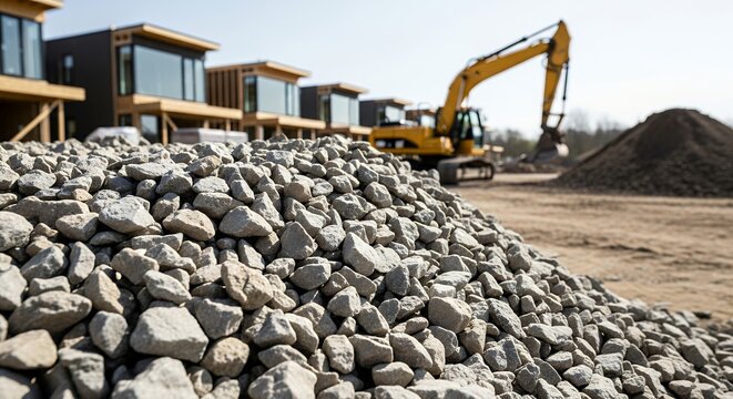 construction site with excavator and rocks in foreground