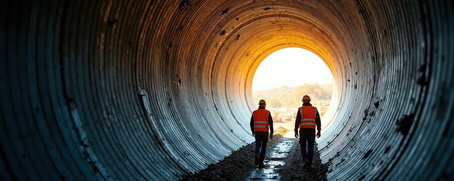 Two men in safety vests and helmets walk inside a large corrugated steel pipe. They are entering a tunnel structure from a dimly lit area towards a bright opening. Construction site work.
