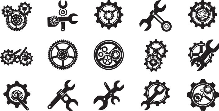 Mechanical tools and gears icons set in black color