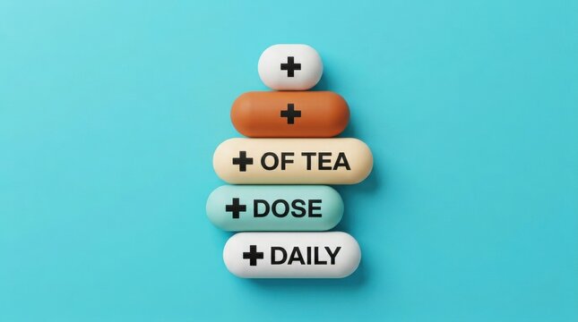 A stack of colorful pills with daily dose of tea on a plain background