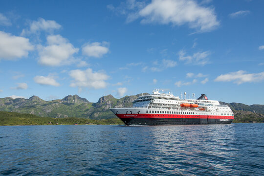 Hurtigruten's MS Finnmarken approaching the narrowest fjord in Norway, Trollfjord