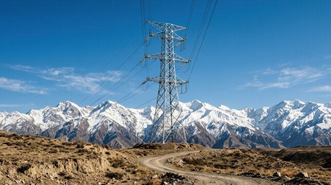 A tall power tower rising before snow-covered Qilian Mountains, dry foreground earth, crisp blue sky, dramatic depth and contrast, ultra-realistic, no logos.