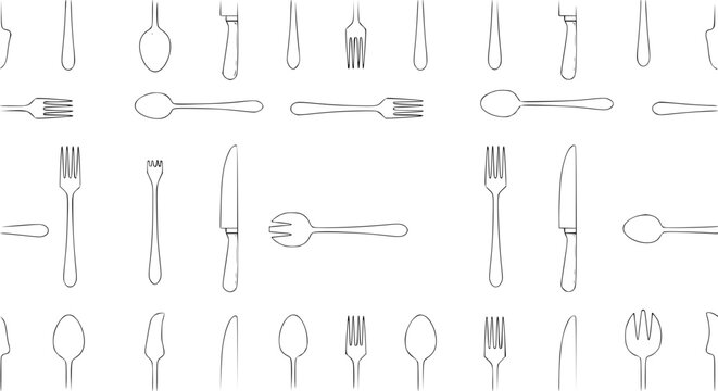 Seamless spoon fork and knife cutlery pattern vector background for restaurant cafe packaging and kitchen design