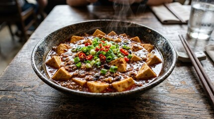 Fototapeta premium Close-up of a bowl of mapo tofu garnished with chopped green onions and red peppers on a wooden table, rich sauce, steaming savory atmosphere, ultra-realistic, no logos.