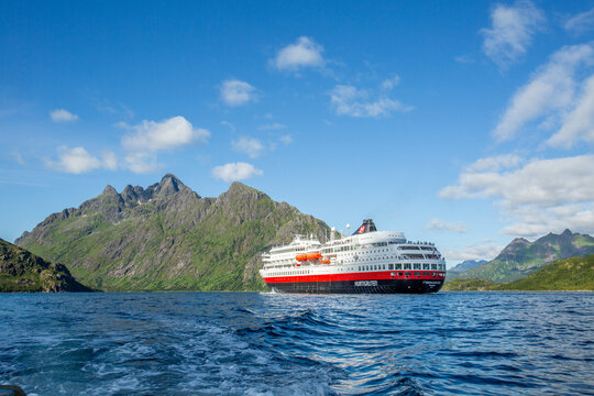 Hurtigruten's MS Finnmarken approaching the narrowest fjord in Norway, Trollfjord