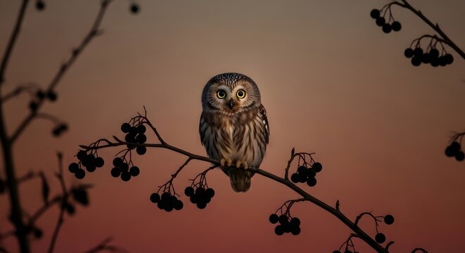 Small northern saw whet owl sits perched gracefully on a thin branch filled with dark ripe berries while staring intensely with bright yellow eyes against a soft and colorful evening sky backdrop