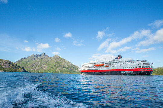 Hurtigruten's MS Finnmarken approaching the narrowest fjord in Norway, Trollfjord